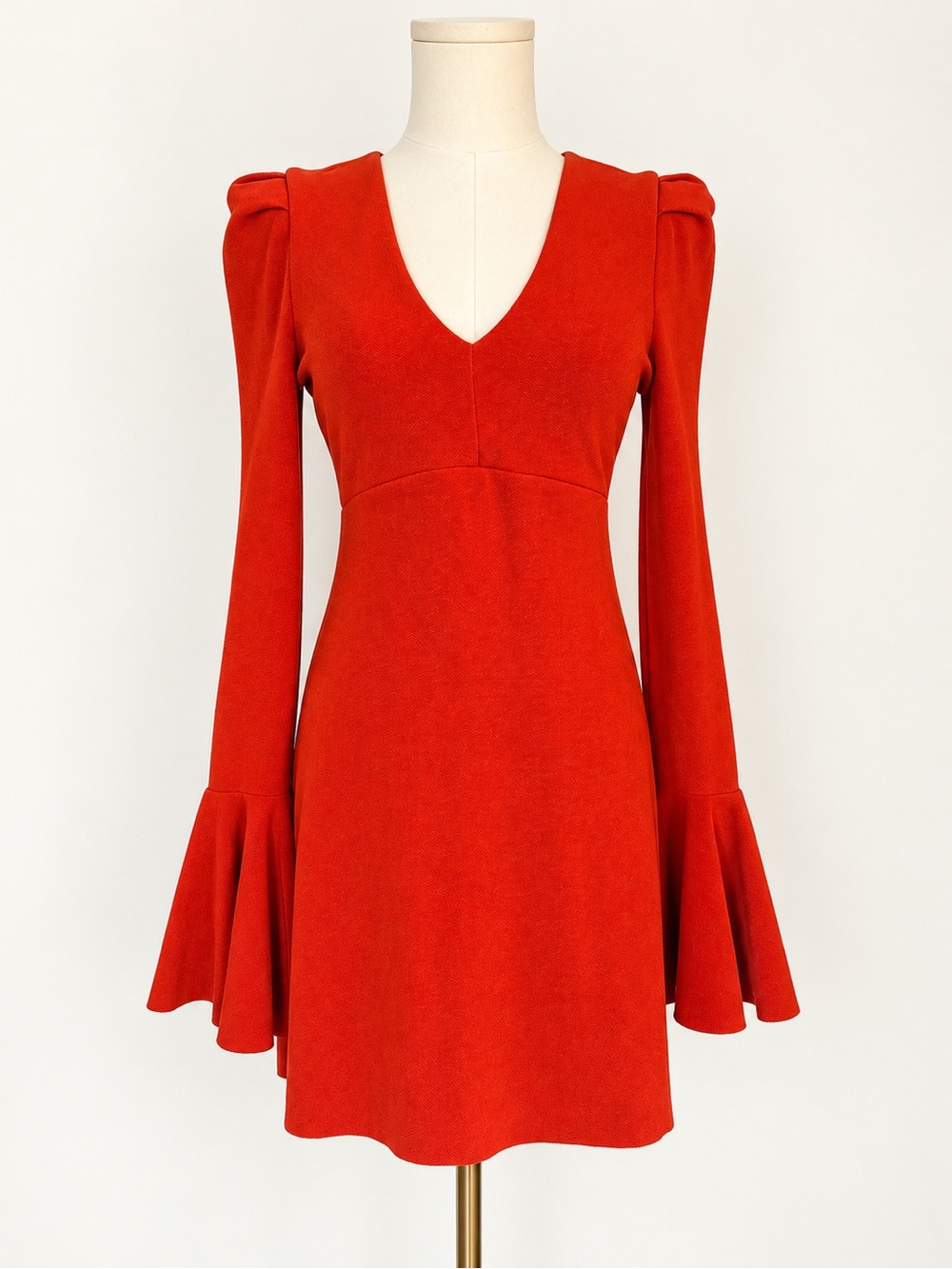 Free People XS Orange Red Bell Sleeve Mini Dress V Neck Puff Shoulder Boho